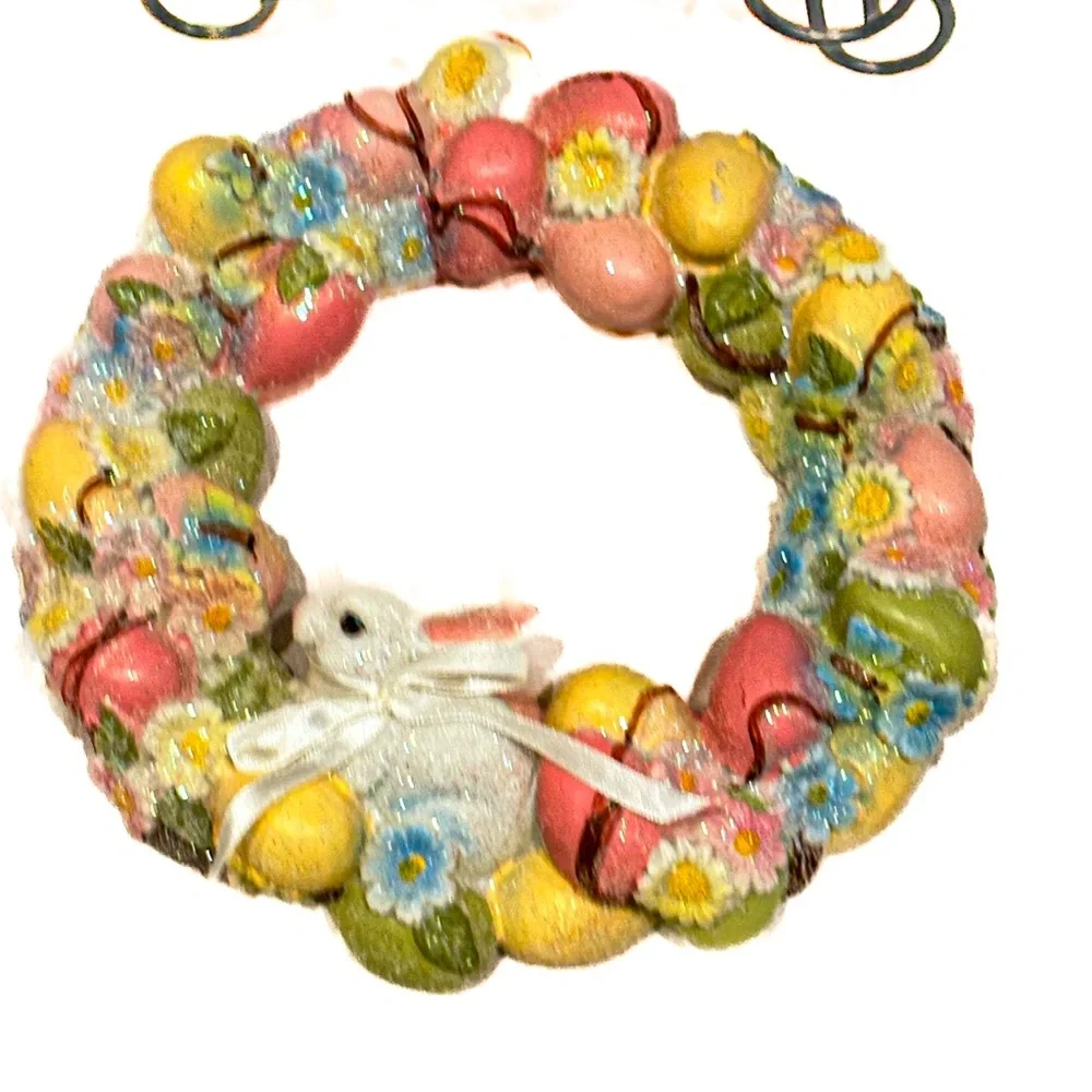 Vintage Easter Wreath Wall Decor Pair Bunny Egg Wreaths